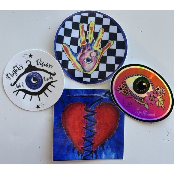4 Vinyl Sticker Set Original Art By Tina Lynn Ellis Night’s Vision Heart & Eyes - Picture 1 of 7